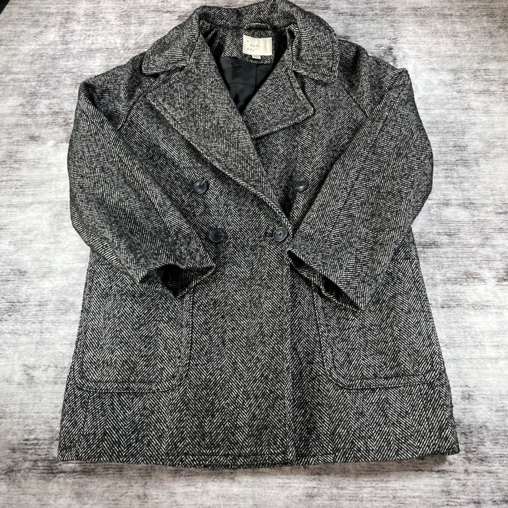 A New Day Women Herringbone Double Breasted Pea Coat Black White M F00319807